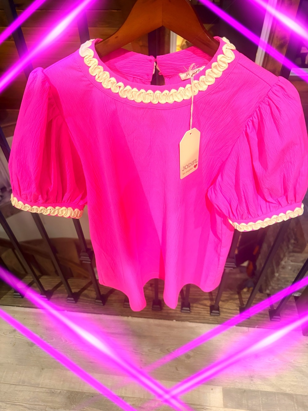 JODIFL Vibrant Pink Puff Sleeve Top with Cream Trim